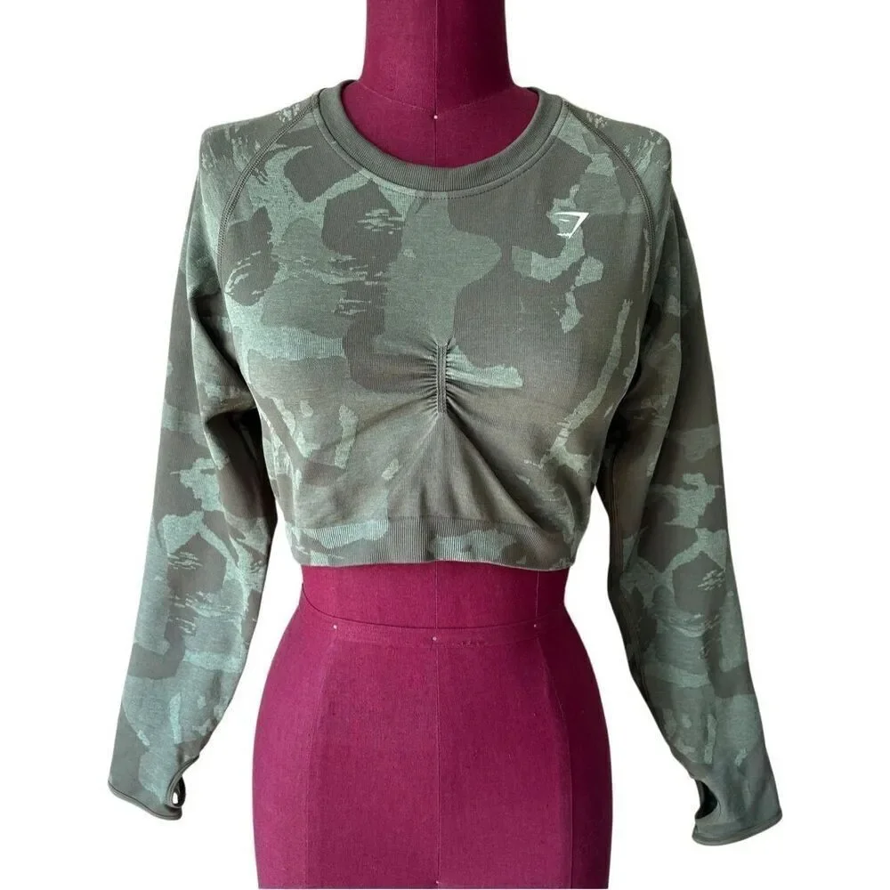 Gymshark ADAPT CAMO SEAMLESS LONG SLEEVE CROP‎ TOP size XL Green